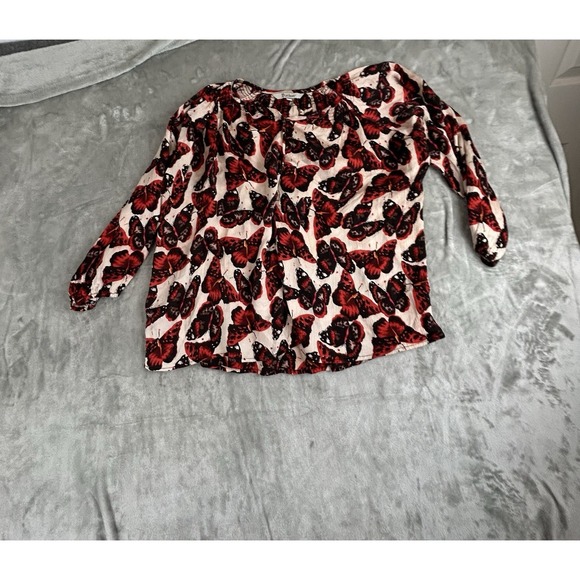 Tucker top blouse S/M Butterfly Silk 3/4 Sleeve Button Up Blouse Boho Designer - Picture 4 of 12